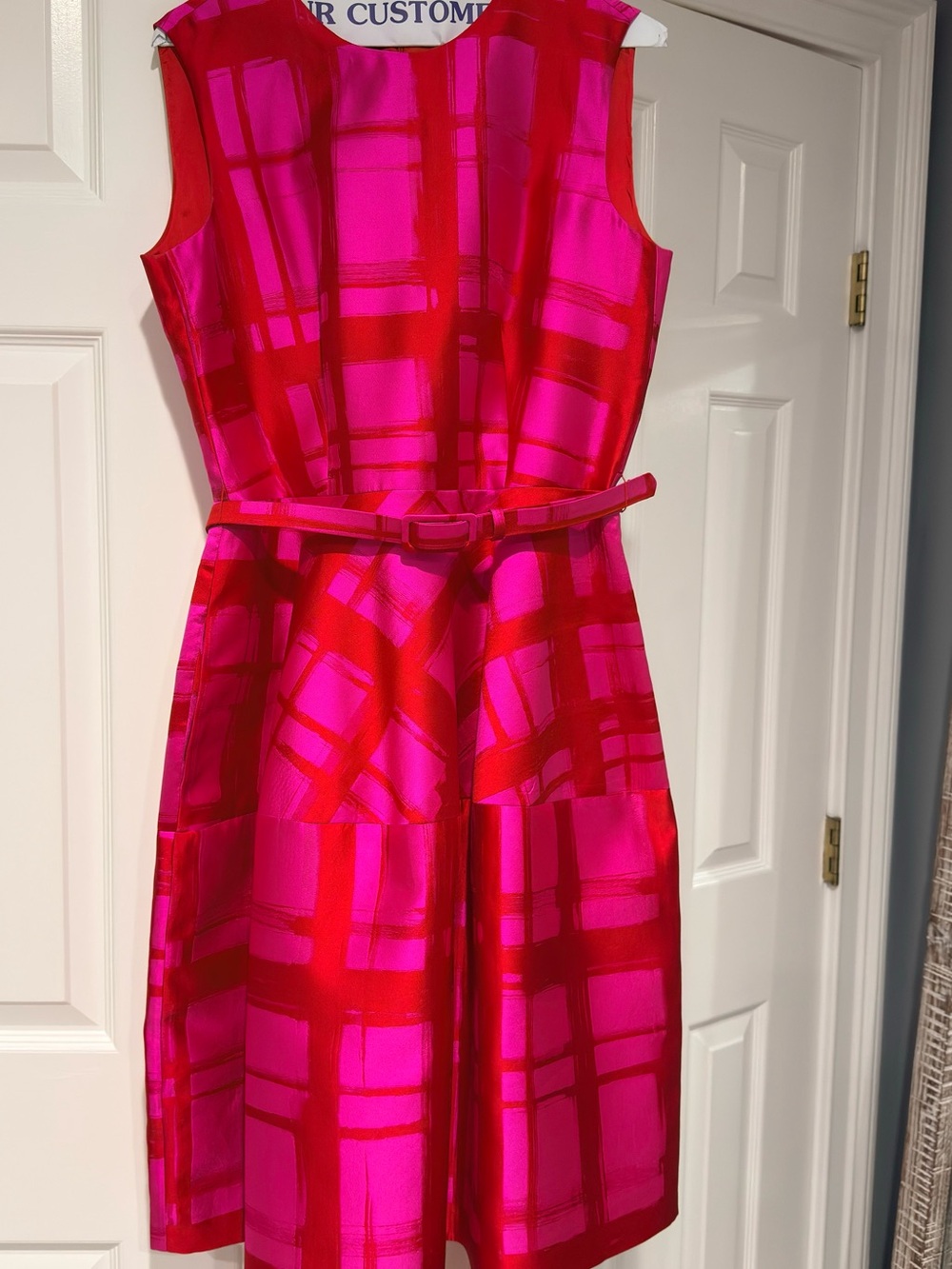 Carolina Herrara Sleeveless Belted Plaid Fit-and-Flare Dress in Hot Pink and Red
